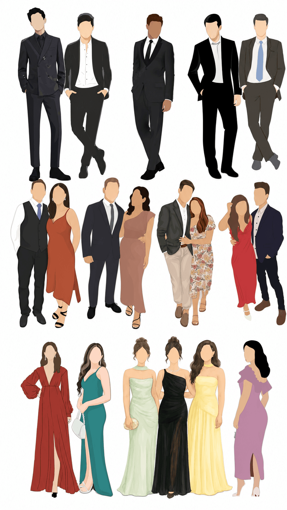 Convidados em ternos escuros, vestidos longos e vestidos estampados